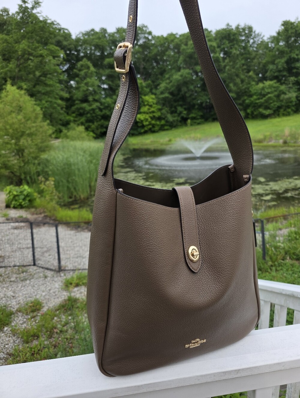 Coach Hadley Pebble Leather Large Shoulder Bag Gold Dark Stone Brown Purse Tote - Picture 3 of 15